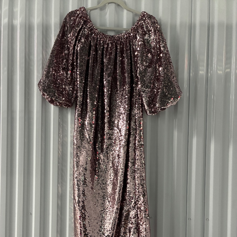 Neutral Pink Sequin Bubble Sleeve Midi Dress w Slit Casual Boho